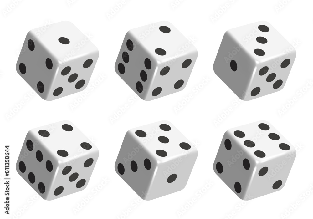 White dice with black dots. Vector set isolated on white background. 3d dice. White dice with black dots. Vector set isolated on white background. 3d dice.