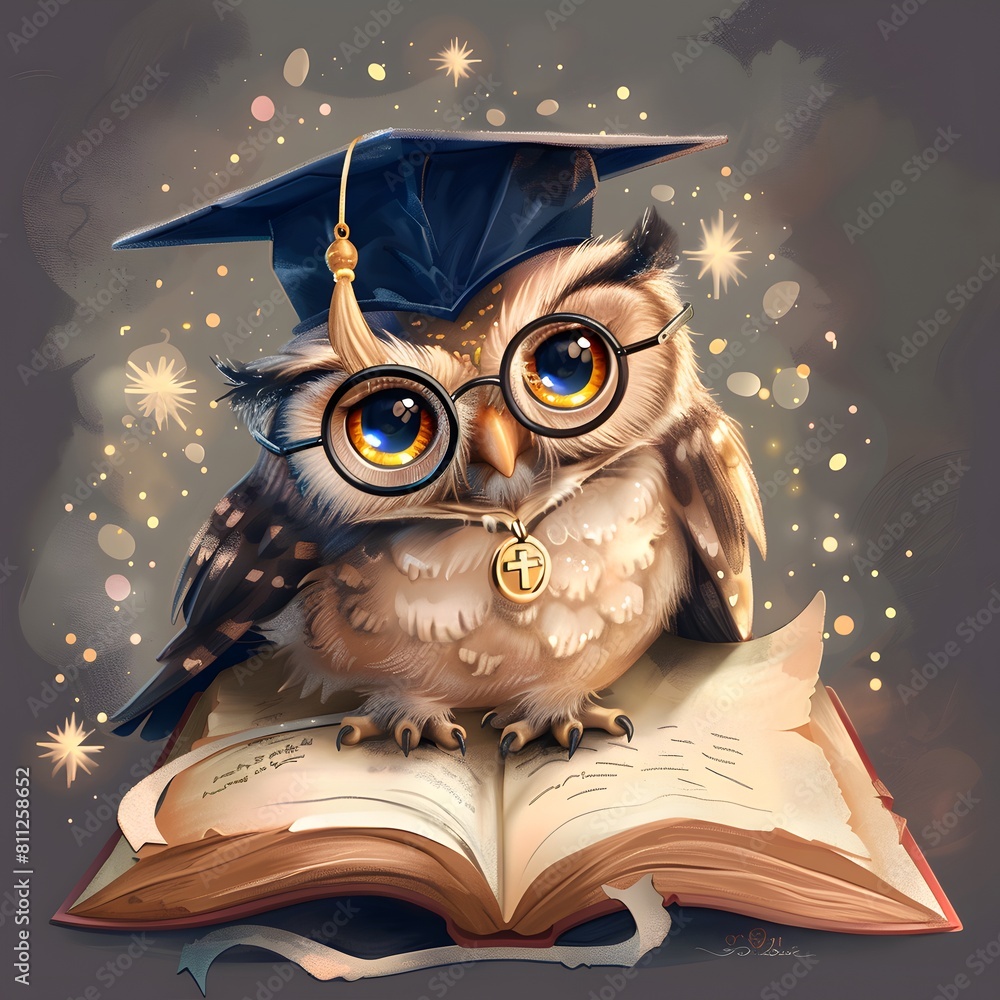 Wise scientist. Cute scientist owl with glasses and graduation cap with a medal sitting on a book. An intelligent image of a scientist owl. Cartoon illustration.