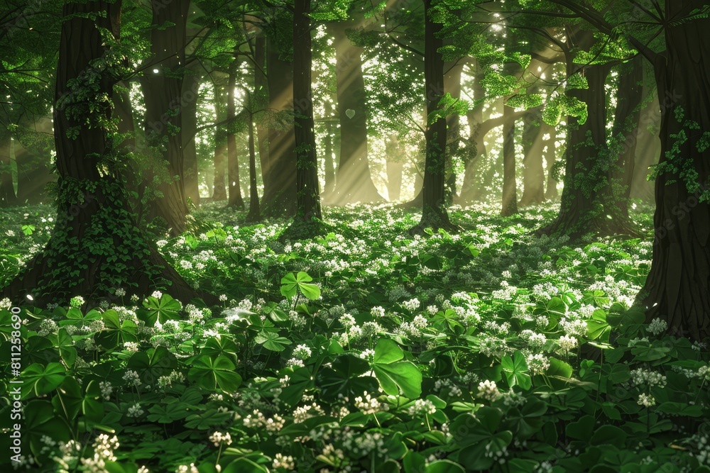 A dense forest brimming with various shades of green plants and trees, A magical forest filled with shimmering shamrocks A dense forest brimming with various shades of green plants and trees, A magical forest filled with shimmering shamrocks