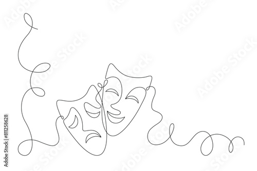 Theatrical masks in one line, tragedy and humor, joy and sadness, symbol of theatrical art. Vector.