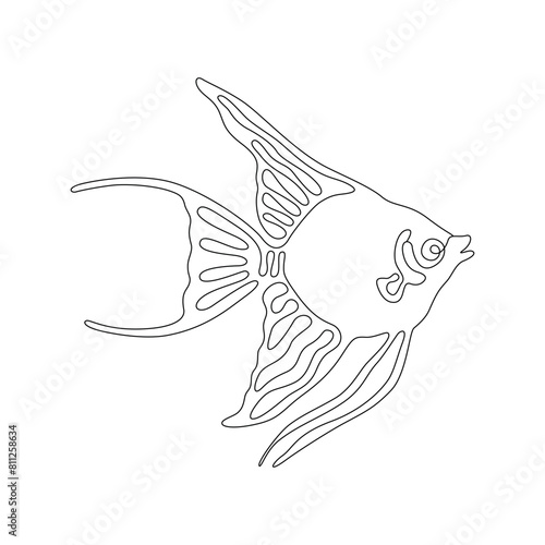 Scalar fish is hand-drawn in one continuous line. Vector illustration isolated on a white background.
