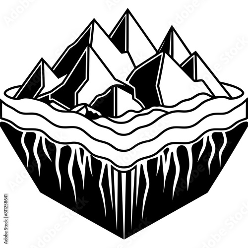 Shrinking glaciers and receding snow lines linocut flat style black and white cartoon