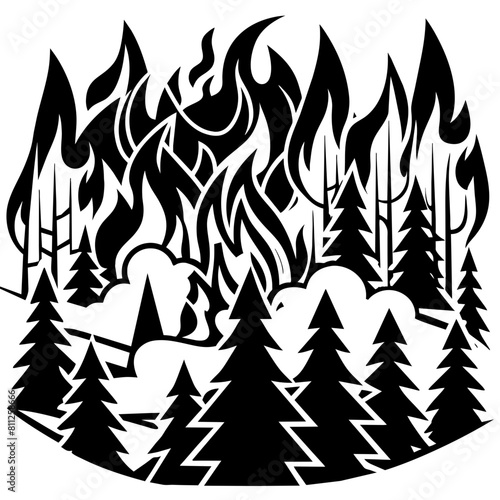 Wildfires raging across a forested area linocut flat style black and white cartoon