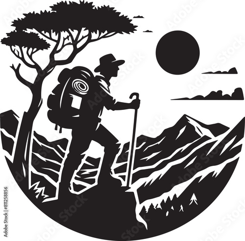 A man is hiking on a mountain  silhouette vector style and white background.