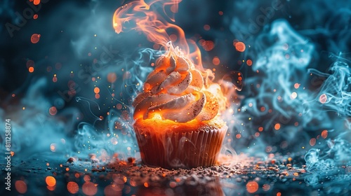  A cupcake with a frosted topping, appearing as if on fire with rising smoke