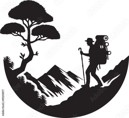 A man is hiking on a mountain  silhouette vector style and white background.