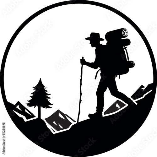 A man is hiking on a mountain  silhouette vector style and white background.