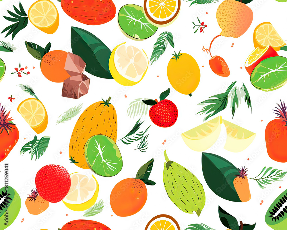 Vibrant seamless pattern of assorted tropical fruits and leaves, ideal for summer-themed designs. Vibrant seamless pattern of assorted tropical fruits and leaves, ideal for summer-themed designs.