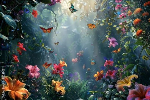 Fototapeta Naklejka Na Ścianę i Meble -  Vibrant Butterflies and Flowers in a Forest, A magical garden filled with exotic flowers and colorful butterflies fluttering amongst them