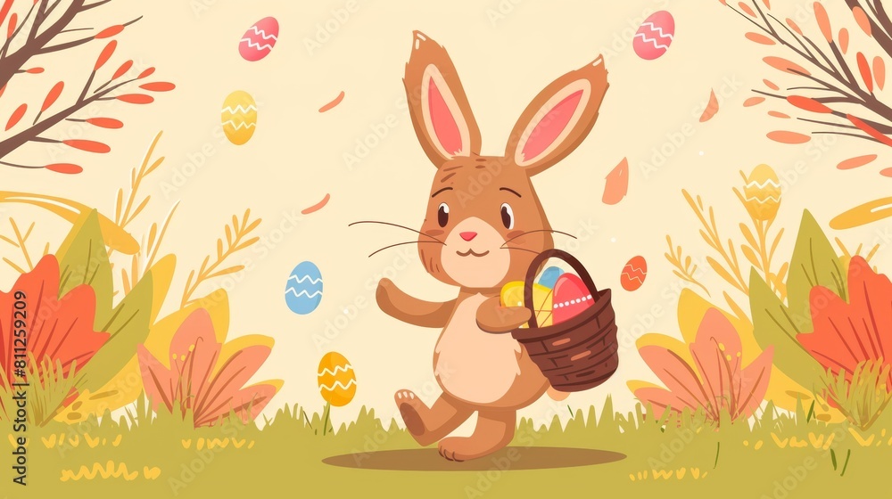 Fototapeta premium Flat vector of cartoon character of happy rabbit with Easter eggs