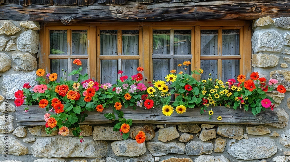 A window sill brimming with numerous flowers rests beside a stone building, adorned with another window sill overflowing with blooms A window sill brimming with numerous flowers rests beside a stone building, adorned with another window sill overflowing with blooms