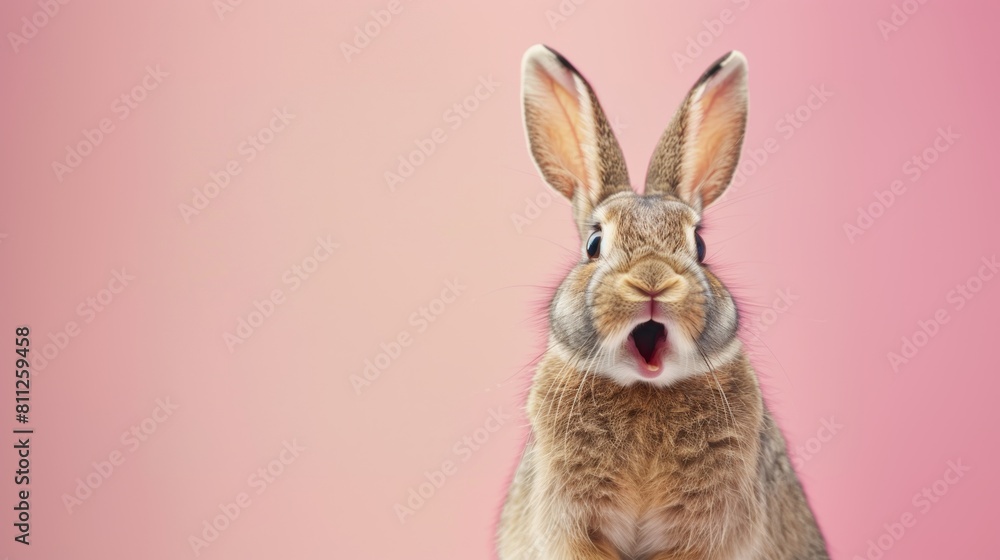 Fototapeta premium Cute surprised baby rabbit with pink background.