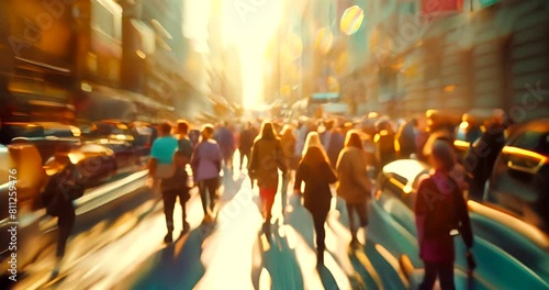 Busy, moving and people in city for travel, commute and transport for work. Buildings, speed and crowd walking, blur and arriving or leaving for a trip, holiday or traveling for business or vacation