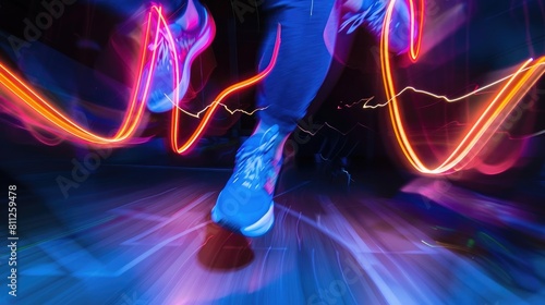 abstract capture of a jumping rope in mid-swing, neon streaks of color to represent motion, gym environment blurred, high contrast realistic photo