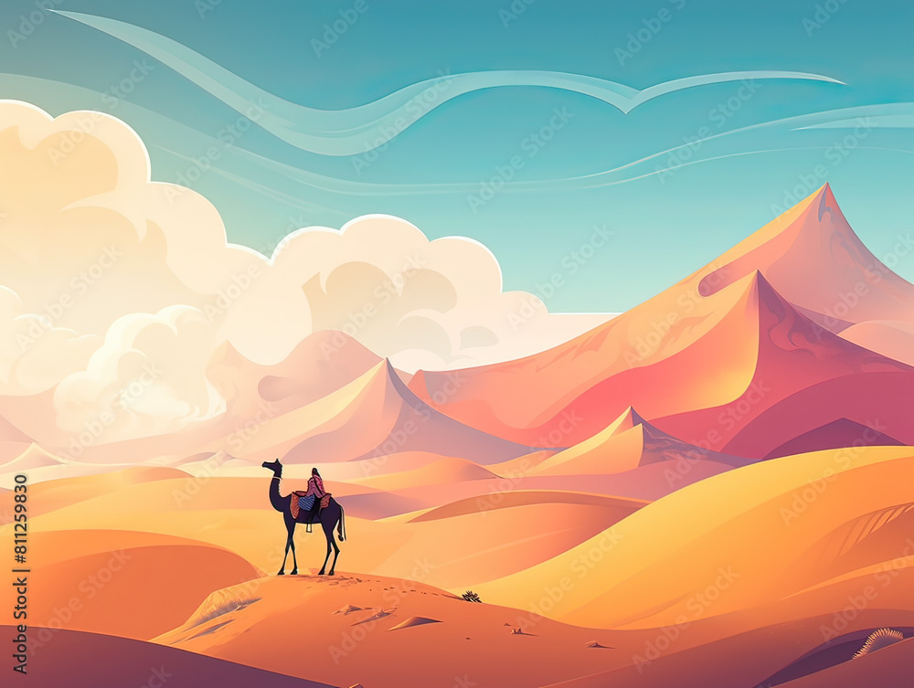 A lone camel and rider crossing a vast, colorful desert with swirling clouds and undulating dunes.