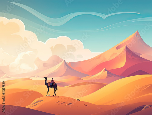 A lone camel and rider crossing a vast  colorful desert with swirling clouds and undulating dunes.