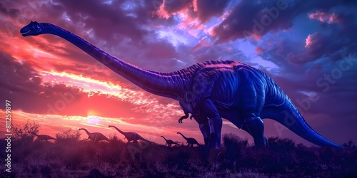 Photograph of Brachiosaurus herd at sunset in prehistoric landscape during Mesozoic Era. Concept Prehistoric Dinosaurs, Sunset Photography, Mesozoic Landscape, Brachiosaurus Herd, Nature Photography photo