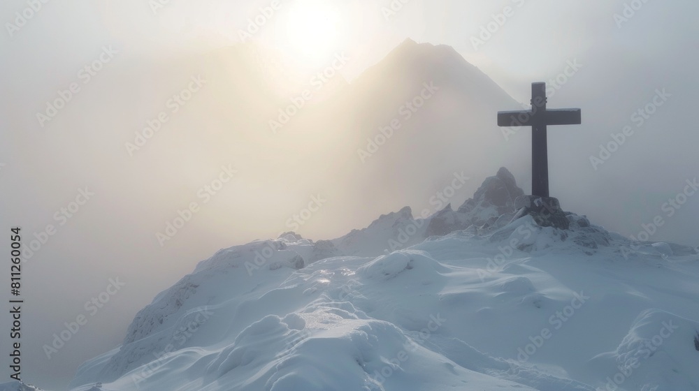 cross on top of mountain with fog and sunlight cross on top of mountain with fog and sunlight