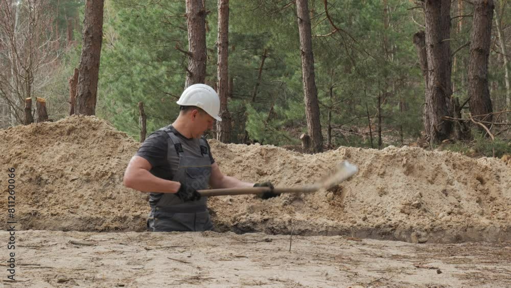 Construction Worker Digging Trench in a Forested Area During Daytime Construction Worker Digging Trench in a Forested Area During Daytime