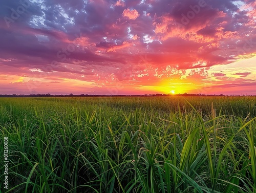 Rural Sunset Reverie - Sugarcane Fields Against Cloudy Sky - Warm Palette of Dusk - Tranquil Countryside Scene 
