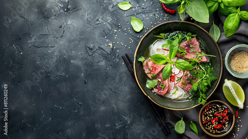Delicious and aromatic Asian beef pho soup, richly garnished with lime slices, fresh herbs, and chili peppers for an added kick.