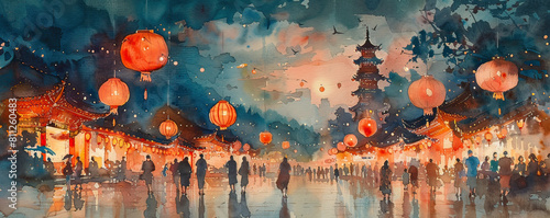 Vibrant watercolor painting depicting a bustling Chinese lantern festival with glowing lanterns and lively crowds. photo