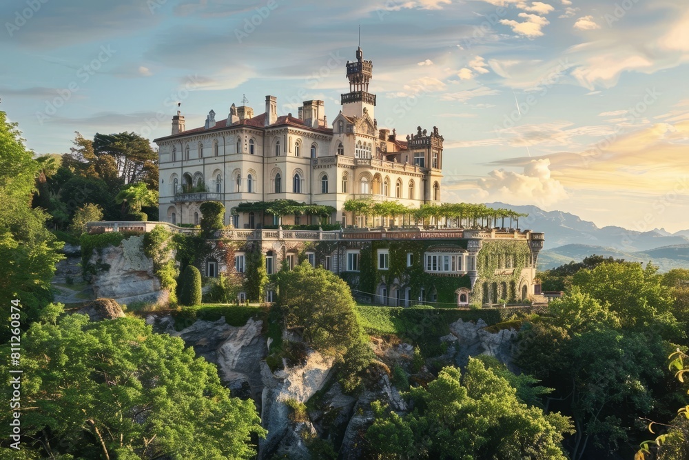 A large building, resembling a castle, sits atop a vibrant green hillside, A majestic castle perched on a hilltop, surrounded by lush gardens A large building, resembling a castle, sits atop a vibrant green hillside, A majestic castle perched on a hilltop, surrounded by lush gardens