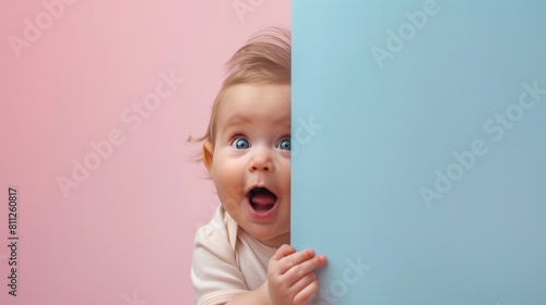 Surprised baby peeping with plain background photo