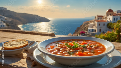 Fasolada in a plate in a tavern against the backdrop of the sea Greek cuisine photo