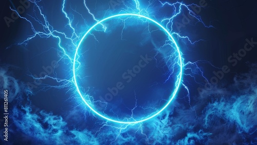 Abstract blue neon light background with a glowing circular frame and thunder glow effect Generative AI