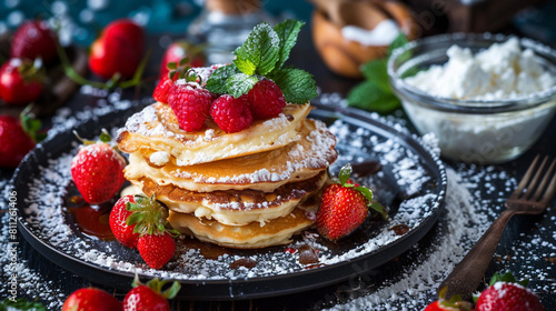 Pancakes with  berries and sugar powder over dark background. Pancakes stack with strawberries  raspberries and sweet sauce. Close Up view. 