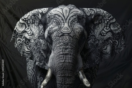 An elephant with intricate patterns etched on its face, showcasing detailed designs in close-up view, A majestic elephant with intricate patterns etched into its skin photo