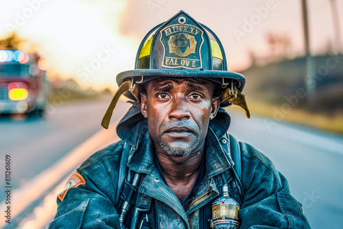 A black firefighter portrait that sits on the side of the road, looking directly to camera. Firefighter is tired, sad and dirty.