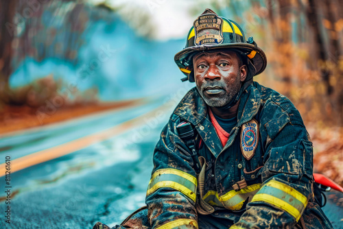 A black firefighter sits on the side of the road, looking directly to camera. Firefighter is tired, sad and dirty.