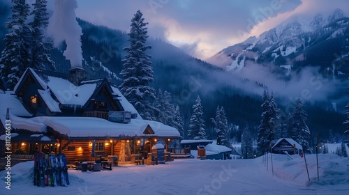 Winter alpine skiing  snowy mountains  village landscape. Christmas holiday  frost  ice scenery. Panoramic view  resort  snowy streets  Tirol  Switzerland. Beautiful chalet  blue.