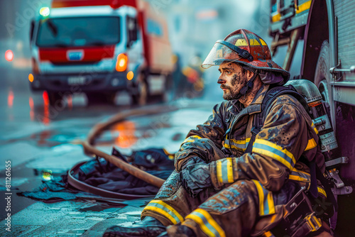 A tired sad firefighter sits on the ground, looking away. The scene is set in a fire-ravaged area, with a fire truck in the background. The firefighter appears to be in a state of shock or distress.