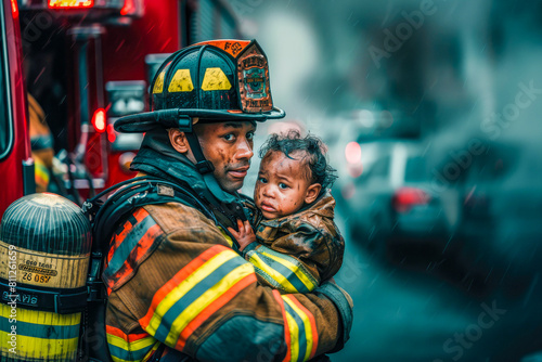 A firefighter is holding a baby in his arms. Heroic black firefighter rescues a baby from the grasp of flames.The scene is set in a city, with cars and trucks visible in the background