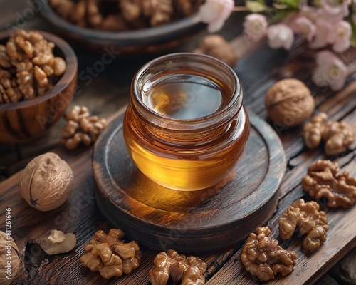 Walnut Oil and Whole Walnuts on Table.