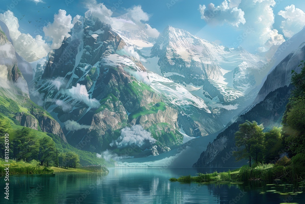 Fototapeta premium A painting depicting a majestic mountain range towering over a lake in the foreground, A majestic mountain range towering over a tranquil lake