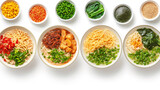 Four bowls of ramen with various toppings like green onions, bok choy, corn, and spicy ingredients, on a white background.
