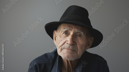 Homem velho vestindo roupas cinzas e chapéu preto no fundo cinza - wallpaper HD 
