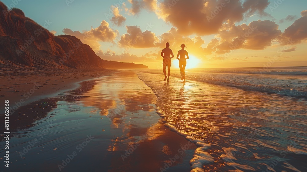 Fototapeta premium Active Couple Running on a Scenic Beach at Sunset, Capturing Fitness and Romance in Nature
