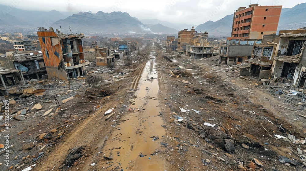 Devastation After War: A City Left in Ruins with Damaged Buildings and Streets Devastation After War: A City Left in Ruins with Damaged Buildings and Streets