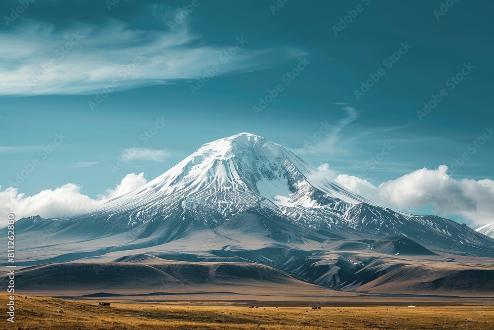 A large snow covered mountain stands tall in the middle of a field, A majestic snow-capped mountain rising in the distance A large snow covered mountain stands tall in the middle of a field, A majestic snow-capped mountain rising in the distance