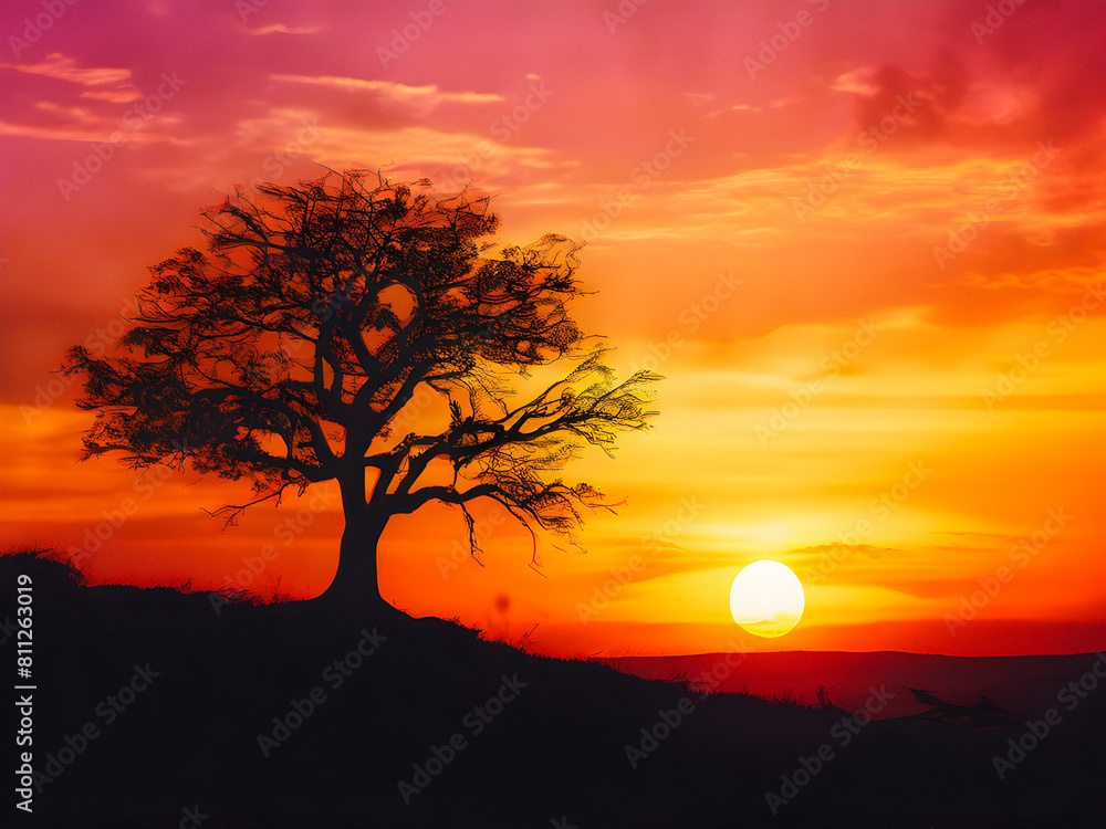 Solitary Silhouette: Lonely Tree Stands Proud Against Dazzling Sunset. Silhouetted Tree Bathed in Sunset Colors. generative AI