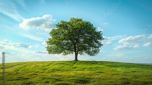 On World Environment Day envision a majestic tree gracefully rising in a picturesque natural setting under the vast blue sky adorned with fluffy clouds while vibrant green grass spreads ben