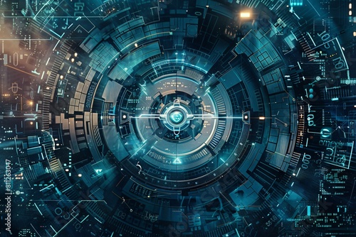 an abstract visualization of a cyber shield with concentric layers of energy waves and force fields emanating from a central point.