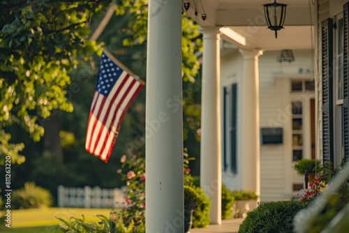 American Flag Hanging from Porch of Traditional Home at Sunset
