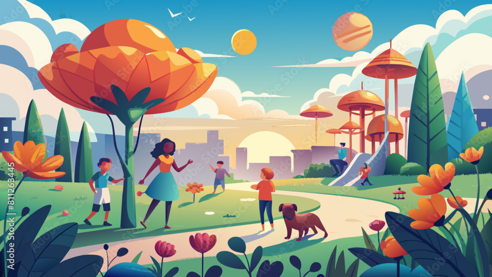 Whimsical City Park Scene with Diverse Community Engagement Whimsical City Park Scene with Diverse Community Engagement