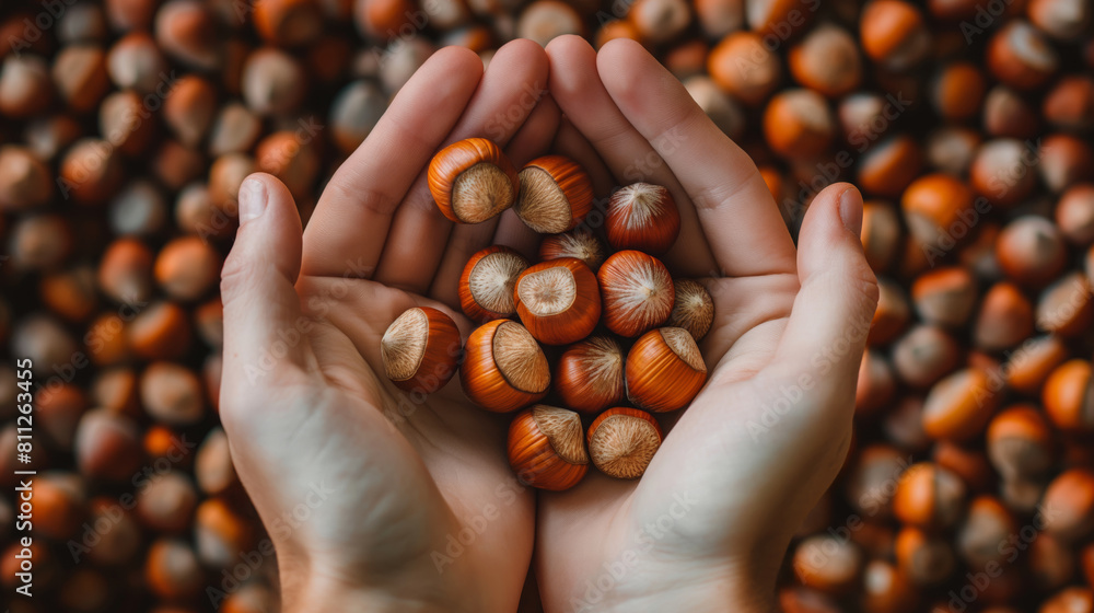 A handful of hazelnuts in hands against the background of a pile of hazelnuts A handful of hazelnuts in hands against the background of a pile of hazelnuts